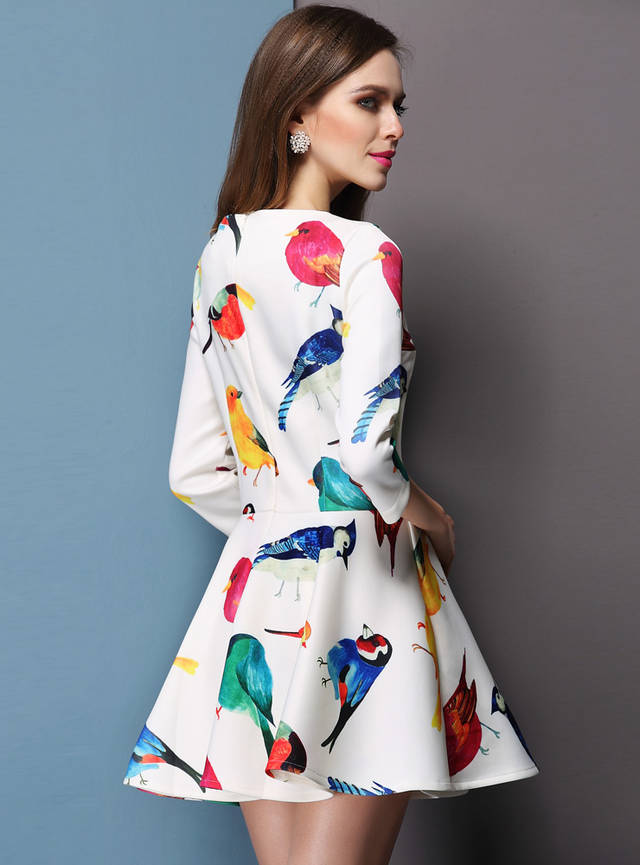 F66631-1   Lady Vintage Bird Print 3-4 Sleeve Cocktail Party Dress